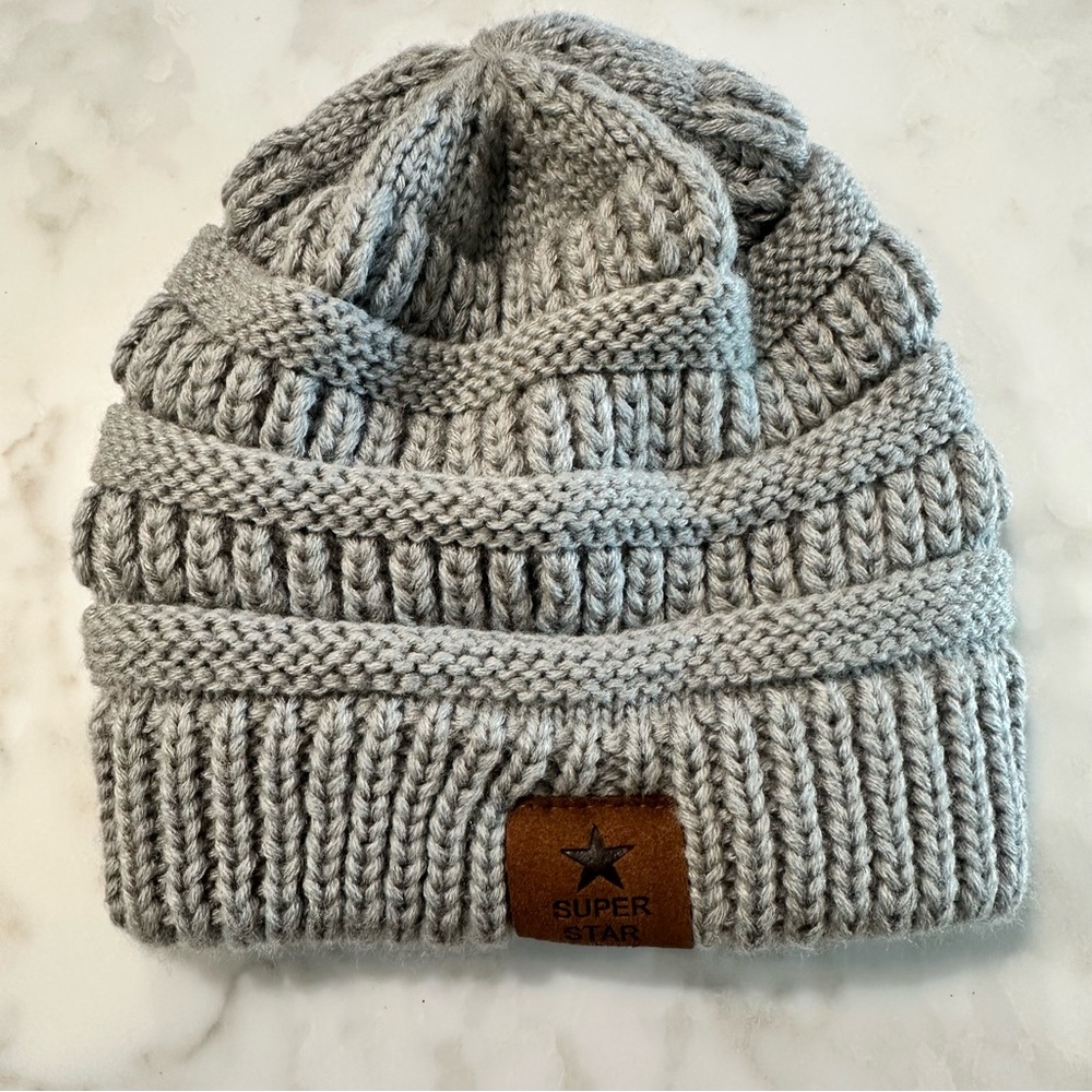 Super Star Gray Cable Knit Baby Beanie. Size 6-12+ months